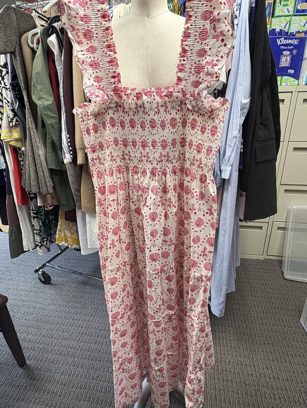 Hill House Pink Shell-Print Smocked Maxi Dress